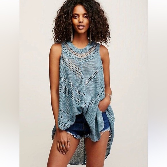 Free People Rhiannon Blue Knit Poncho top - Picture 1 of 5